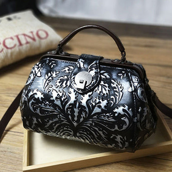 Handamde Womens Black Leather Doctor Handbag Purses Floral Black Doctor Crossbody Purse for Women