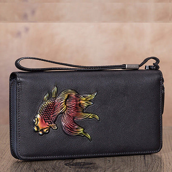 Goldfish Gray Leather Wristlet Wallets Womens Zip Around Wallet Ladies Zipper Clutch Wallets for Women