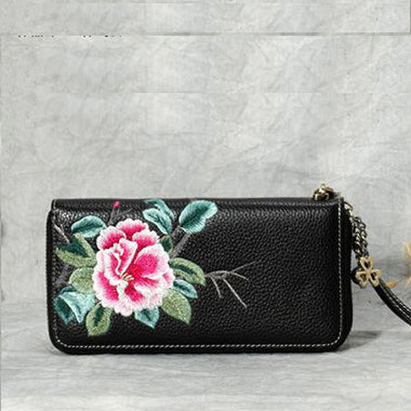 Handmade Embroidery Black Leather Peony Wristlet Wallet Womens Zip Around Wallets Flowers Peony Ladies Zipper Clutch Wallet for Women