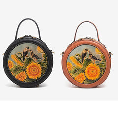 Handmade Womens Black Leather Round Handbag Purse Round Birds Crossbody Bag for Women