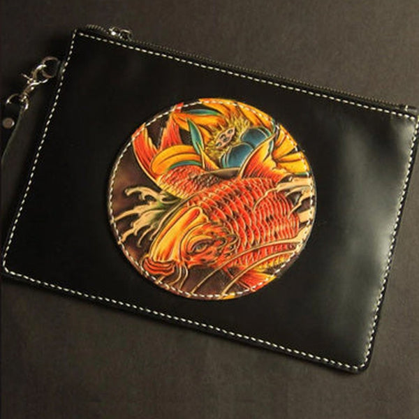 Cool Handmade Tooled Leather Carp Clutch Wallet Wristlet Bags Clutch Purse For Men