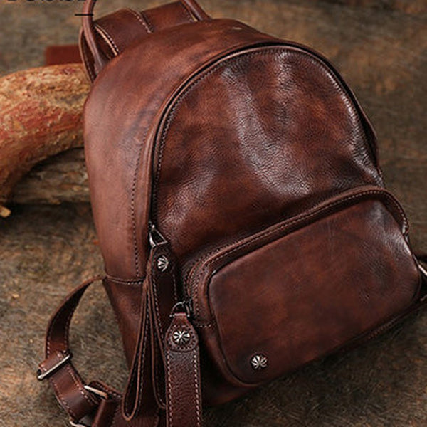 Classic Coffee Leather Rucksack Womens Compact Leather Backpack Ladies Backpack Purses