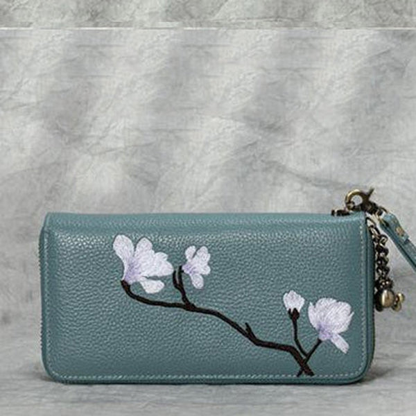 Magnolia Flower Embroidery Blue Leather Magnolia Wristlet Wallet Womens Zip Around Wallets Flowers Magnolia Ladies Zipper Clutch Wallet for Women