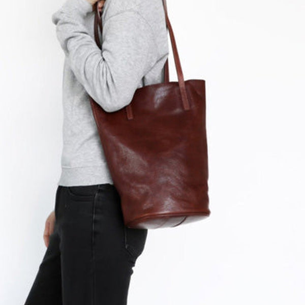 Womens Coffee Leather Bucket Tote Purse Vertical Tote Shopper Shoulder Bag for Ladies