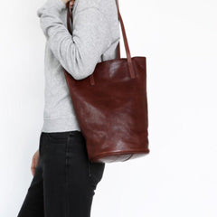 Womens Coffee Leather Bucket Tote Purse Vertical Tote Shopper Shoulder Bag for Ladies