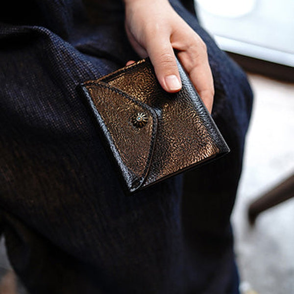 Envelope Womens Black Leather Billfold Wallet Small Wallet with Coin Pocket Mini Envelope Wallet for Ladies