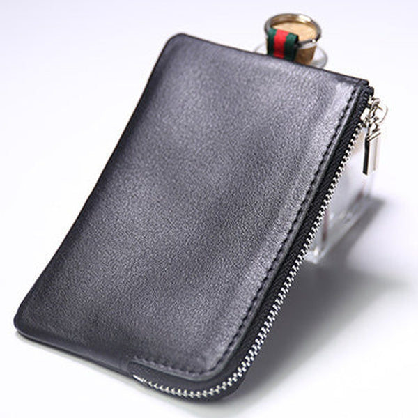 Slim Women Black Leather Zip Wallet with Keychains Billfold Minimalist Coin Wallet Small Zip Change Wallet For Women
