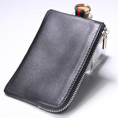 Slim Women Black Leather Zip Wallet with Keychains Billfold Minimalist Coin Wallet Small Zip Change Wallet For Women