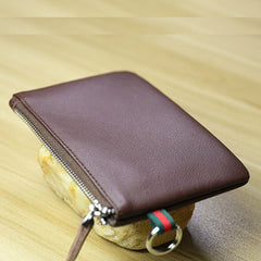 Women Coffee Leather Mini Zip Wallet with Keychain Billfold Slim Coin Wallet Small Zip Change Wallet For Women
