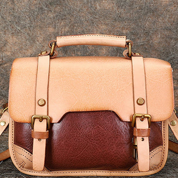 Handmade Beige Leather Womens Satchel Shoulder Bag Small School Handbag Crossbody Purses for Ladies