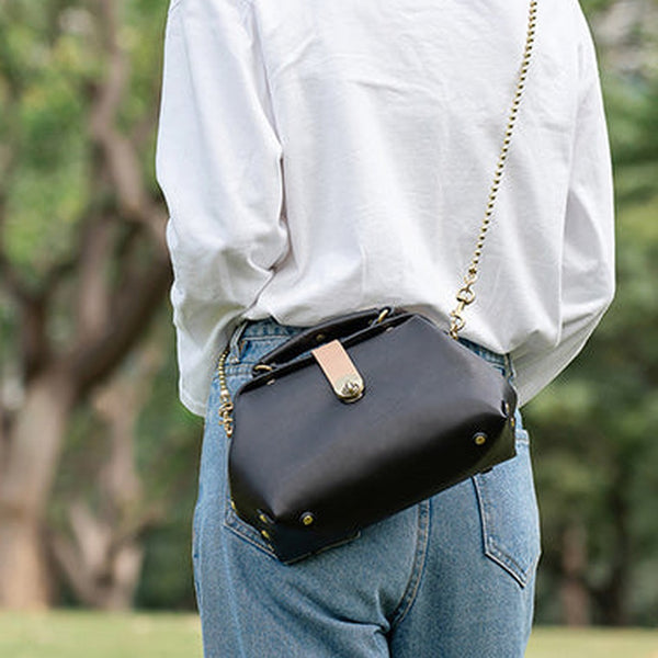 Handmade Womens Black Small Leather Doctor Handbag Side Purse Doctor Purse for Women