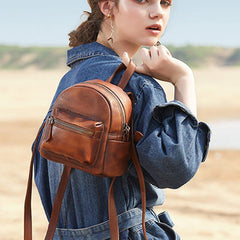 Vintage Brown Small Leather Rucksack Womens Mini Leather Backpack Ladies Backpack Purses
