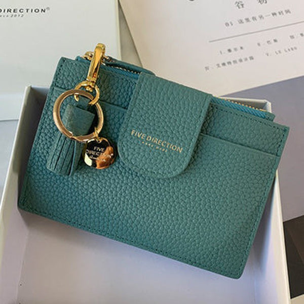 Cute Women Green Leather Slim Keychain with Card Wallet Card Holder Wallet Change Wallet For Women