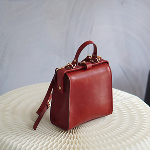Handmade Womens Stylish Square Red Leather Doctor Handbag Side Purse Doctor Purse for Women