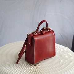 Handmade Womens Stylish Square Red Leather Doctor Handbag Side Purse Doctor Purse for Women