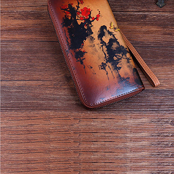 Handmade Womens Brown Leather Zip Around Wallet Plum Blossom Wash Painting Flowers Wristlet Wallet Ladies Zipper Clutch Wallet for Women