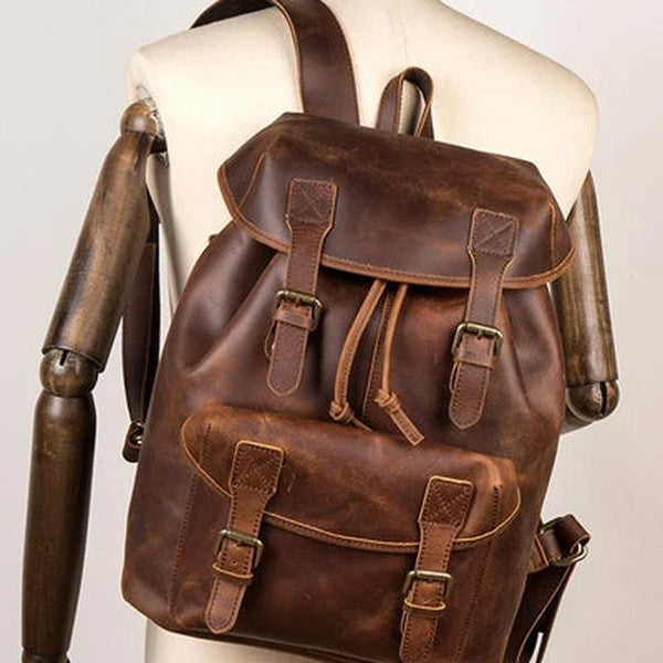 Fashion Dark Brown Mens Leather 15inchs Computer Backpack Cool Travel Backpacks School Backpack for men