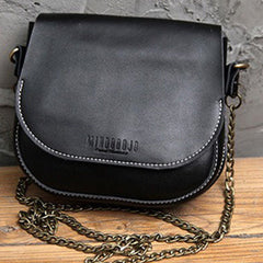 Cute Black LEATHER Flip Chain Side Bag Handmade WOMEN Saddle Phone Crossbody BAG Purse FOR WOMEN