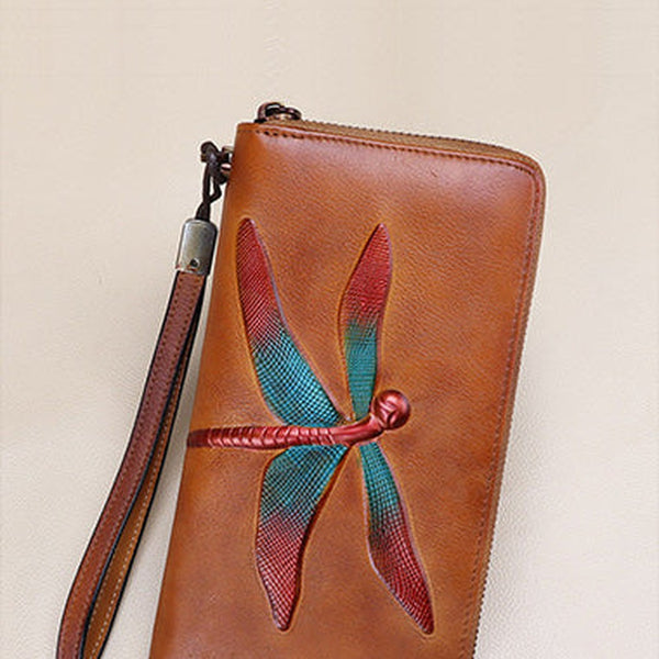 Dragonfly Brown Leather Wristlet Wallets Womens Zip Around Wallet Ladies Zipper Clutch Wallets for Women
