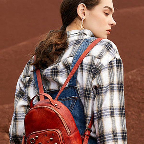 Best Vintage Rivet Red Leather Rucksack Womens Small School Backpacks Leather Backpack Purse