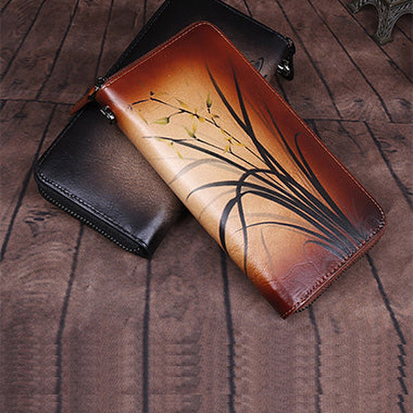 Womens Leather Zip Around Wallet Wash Painting Flowers Wristlet Wallet Ladies Zipper Clutch Wallet for Women