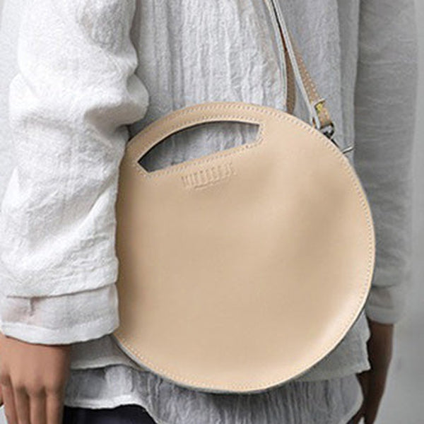 Cute Round LEATHER Handbag White WOMEN Circle SHOULDER BAG Small Crossbody Purse FOR WOMEN