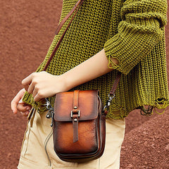 Brown Leather Womens VIntage Phone Shoulder Bag Small Side Bag Handmade Crossbody Purse for Ladies