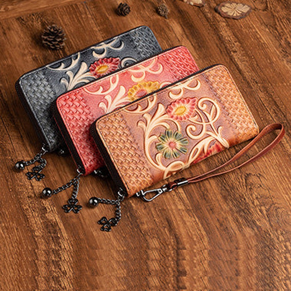 Vintage Floral Leather Wristlet Wallet Womens Zip Around Wallets Floral Ladies Zipper Clutch Wallets for Women