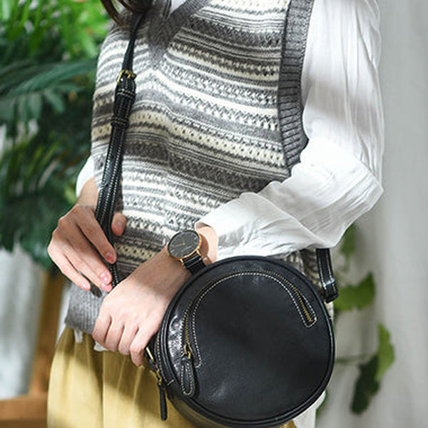 Womens Black Leather Round Crossbody Bag Handmade Round Small Shoulder Bag for Women