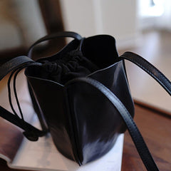 Vintage Womens Black Leather Small Bucket Shoulder Bag Flower Bud Bucket Purse for Women