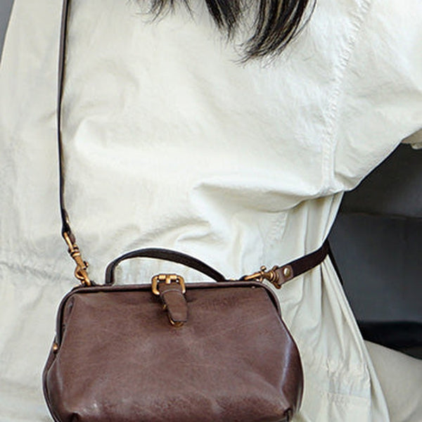 Vintage Womens Coffee Leather Doctor Handbag Side Purses Doctor Purses for Women
