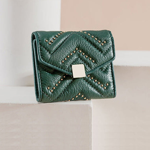 Cute Womens Green Leather Small Wallet with Rivets Billfold Slim Small Wallet For Women