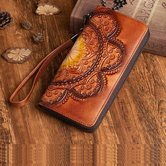 Womens Floral Brown Leather Wristlet Wallet Flower Zip Around Wallets Floral Ladies Zipper Clutch Wallets for Women