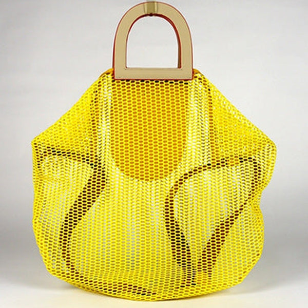 Womens Yellow Net Polyester Leather Tote Handbag Purse Polyester Tote Shoulder Bag Purse for Ladies