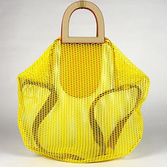 Womens Yellow Net Polyester Leather Tote Handbag Purse Polyester Tote Shoulder Bag Purse for Ladies