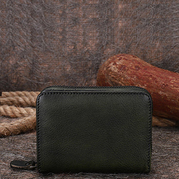 Vintage Women Green Leather Small Wallet with Zip Around Card Holders Bifold Small Wallet Billfold For Women