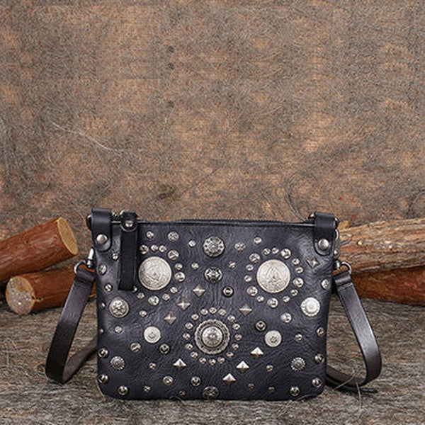 Black Leather Womens Rivets Shoulder Bags Saddle Vintage Slim Crossbody Purse for Women