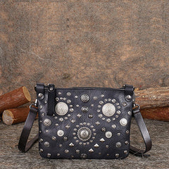 Black Leather Womens Rivets Shoulder Bags Saddle Vintage Slim Crossbody Purse for Women