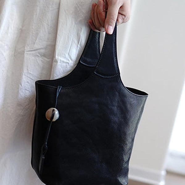 Vintage Black Leather Small Bucket Handbag Women Handmade Small Barrel Bag for Women