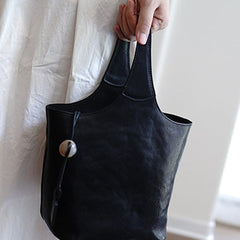 Vintage Black Leather Small Bucket Handbag Women Handmade Small Barrel Bag for Women