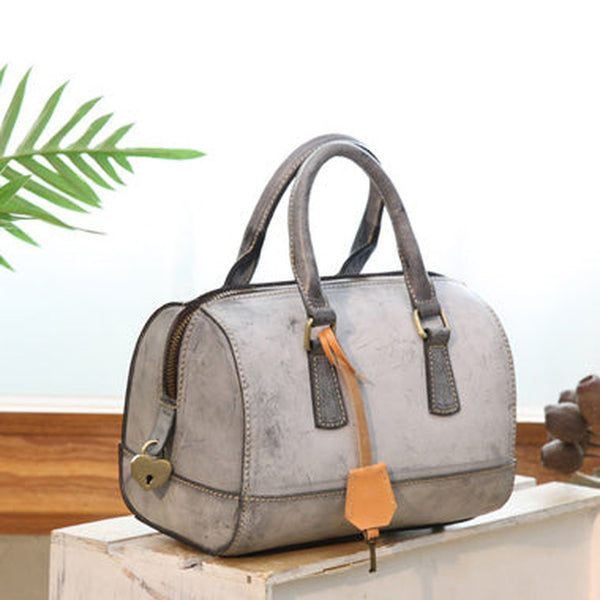 Vintage Gray Womens Waxed Leather Boston Handbags Purse Small Side Bag Purse for Women