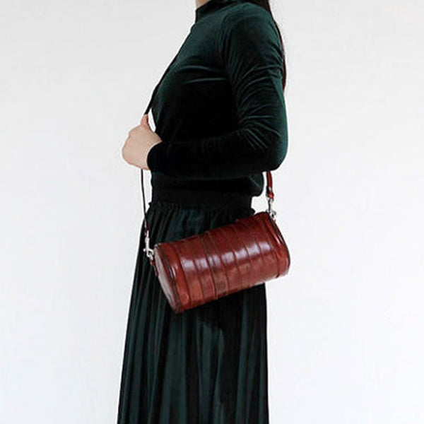 Womens Coffee Small Leather Barrel Crossbody Bag Vintage Barrel Shoulder Bags for Ladies