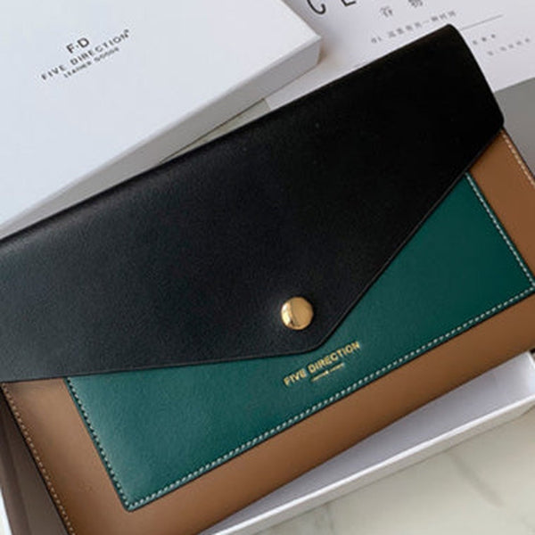CONTRAST COLOR Black Envelope Leather Womens Slim Clutch Purse Long Checkbook Wallet for Women