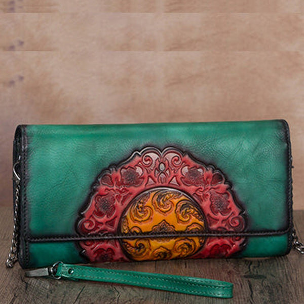 Vintage Floral Green Leather Wristlet Wallet Womens Floral Shoulder Wallet Purse Zip Purse Chain Shoulder Bag for Women