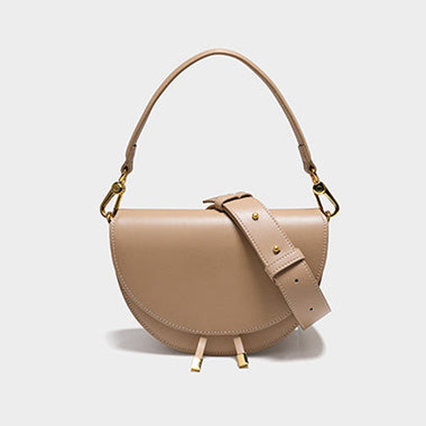 Cute Womens Khaki Leather Saddle Round Handbag Shoulder Bag Round Crossbody Purse for Women