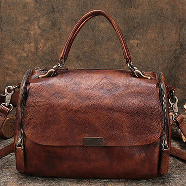 Brown Vintage Womens Leather Handbag Purse Handbag Rivet Shoulder Bag for Ladies
