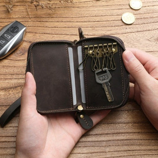 Leather Key Holder Wallet Mens Leather CarKey Fob Wallet Zipper Leather Key Wallet