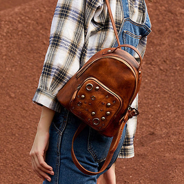 Best Vintage Rivet Brown Leather Rucksack Womens Small School Backpacks Leather Backpack Purse