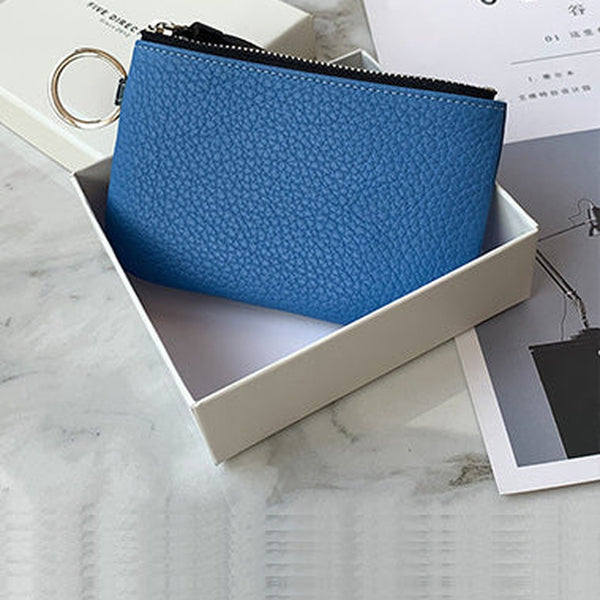 Cute Blue Leather Small Change Wallet Women Keychain with Wallet Zipper Coin Wallet For Women