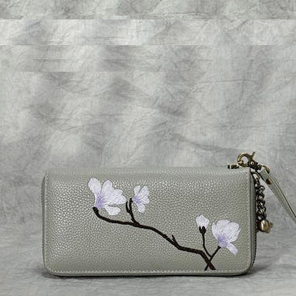 Magnolia Flower Embroidery Gray Leather Magnolia Wristlet Wallet Womens Zip Around Wallets Flowers Magnolia Ladies Zipper Clutch Wallet for Women